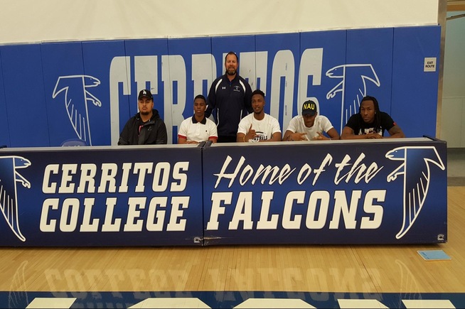 (L-R) Chris Faaumu, Josh Caldwell, Devan Burrell, Stacy Chukwumezie, Kelvin Murray are joined by Athletic Counselor Mike Miles.