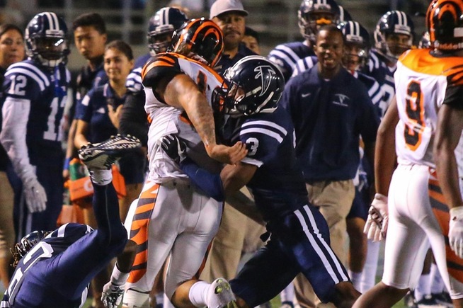 Devan Burrell (3) picked off two passes and made eight tackles for the Falcons