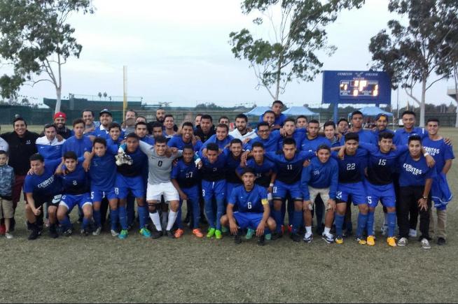 Cerritos men's soccer team celebrates after defeating Oxnard in the playoffs
