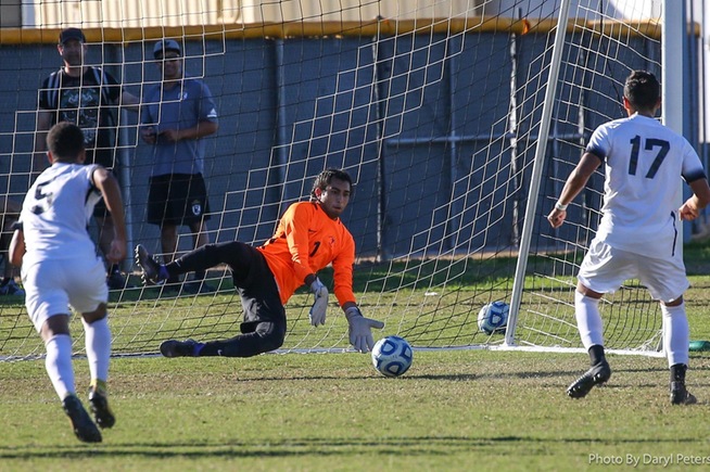 Jordan Aldama makes the save on a penalty kick by Rio Hondo's Roman Delgado