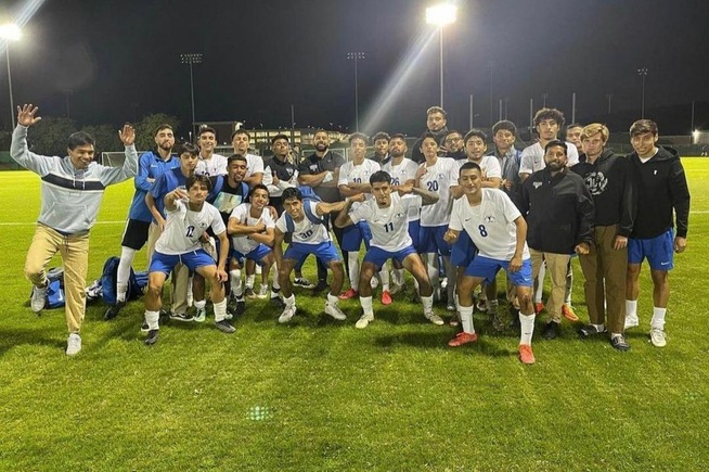 Falcon men's soccer celebrates after 2-0 win over Mt. SAC