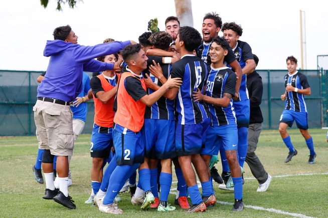 File Photo: Men's Soccer celebrates a goal from earlier in the season against Norco College