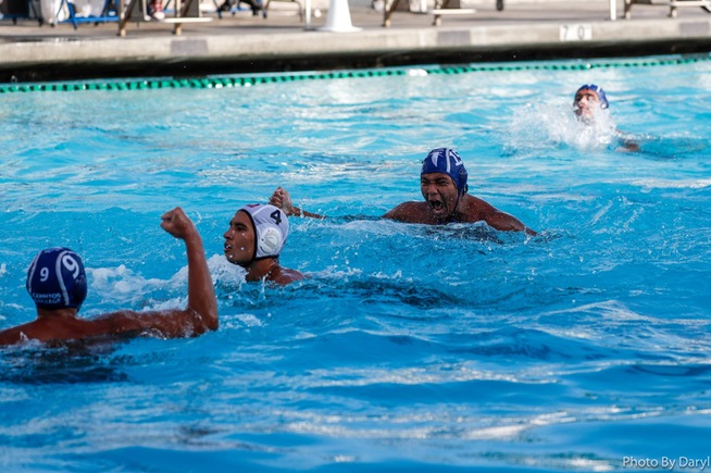 Joshua Lamberton (15) celebrates what turned out to be the game-winning goal against Long Beach City