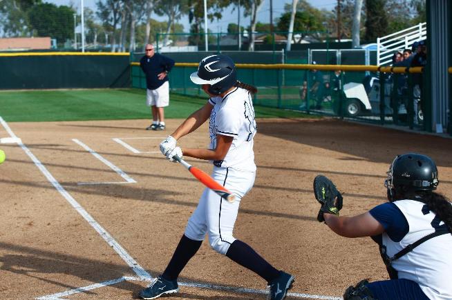 Roxanna Jensen swing through on her three-run home run in the Falcons 14-1 win over LA Harbor