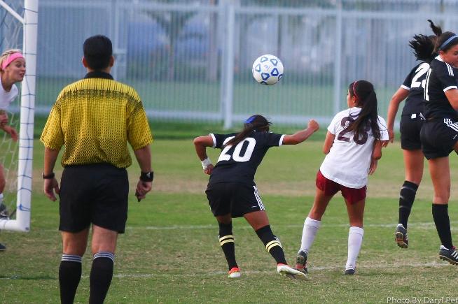 Jasmine Cornejo (20) scored on a header against Pasadena City in the team's 6-0 win