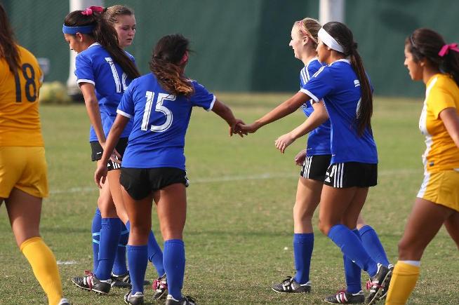 The women's soccer team congratulate each other after a goal