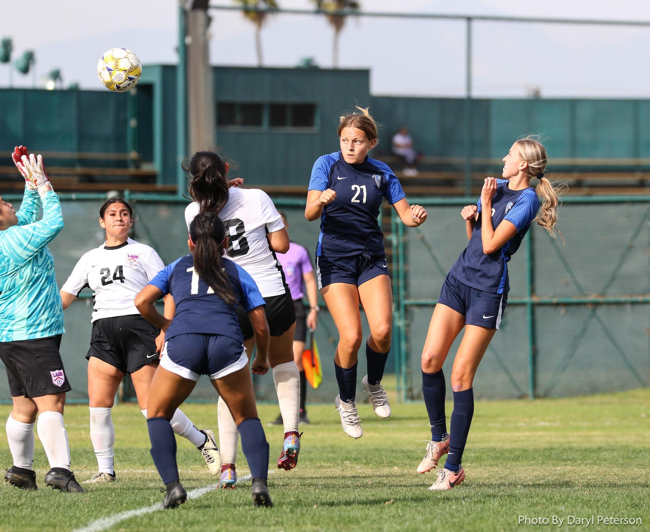 Sariah Sanchez (21) scores the second goal for the Falcons