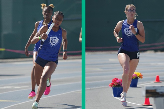 (L-R) Rionna Wallace and Jazzmine Davis helped set a new school record in the 4x100 relay, while Laruen Berg took second in the steeplechase
