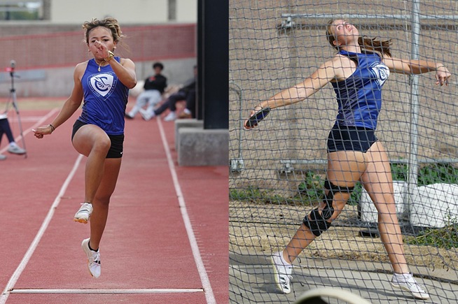 (L-R) Leeann Hong (long jump) and Mackenzie Monson (discus) won events for the Falcons at the SCC Opener