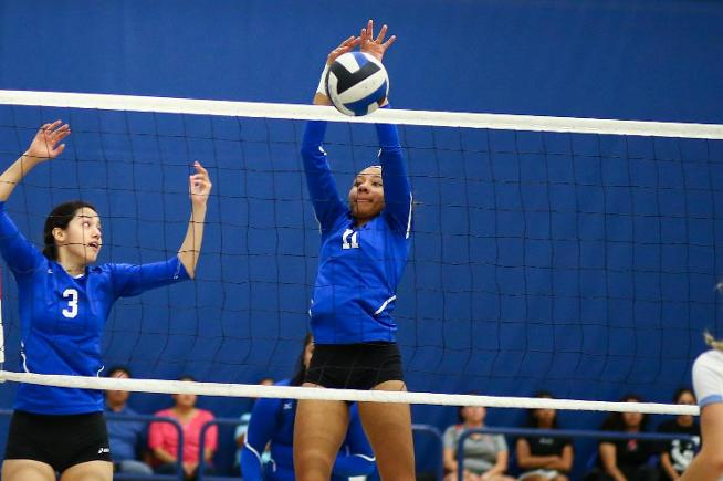 File Photo: Jasmine McNeal (11) had two blocks in the Falcons loss