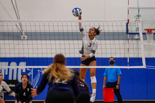 Jayda Harris-Amete slams home one of her 16 kills in the Falcons win