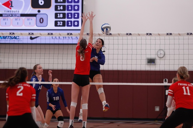 Brisa Cortez, slamming home a kill against Fresno City College, has committed to Hope International University